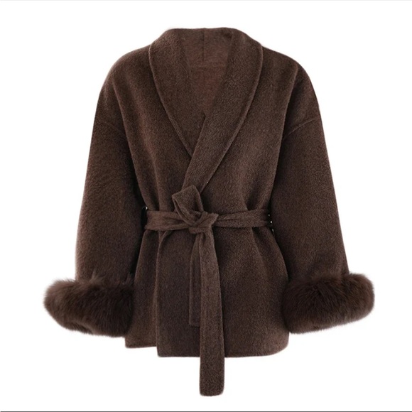 Reformation Jackets & Blazers - Reformation Brown Wrap Belted Jacket with Faux Fur Cuffs